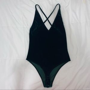 Velvet green V neck bodysuit